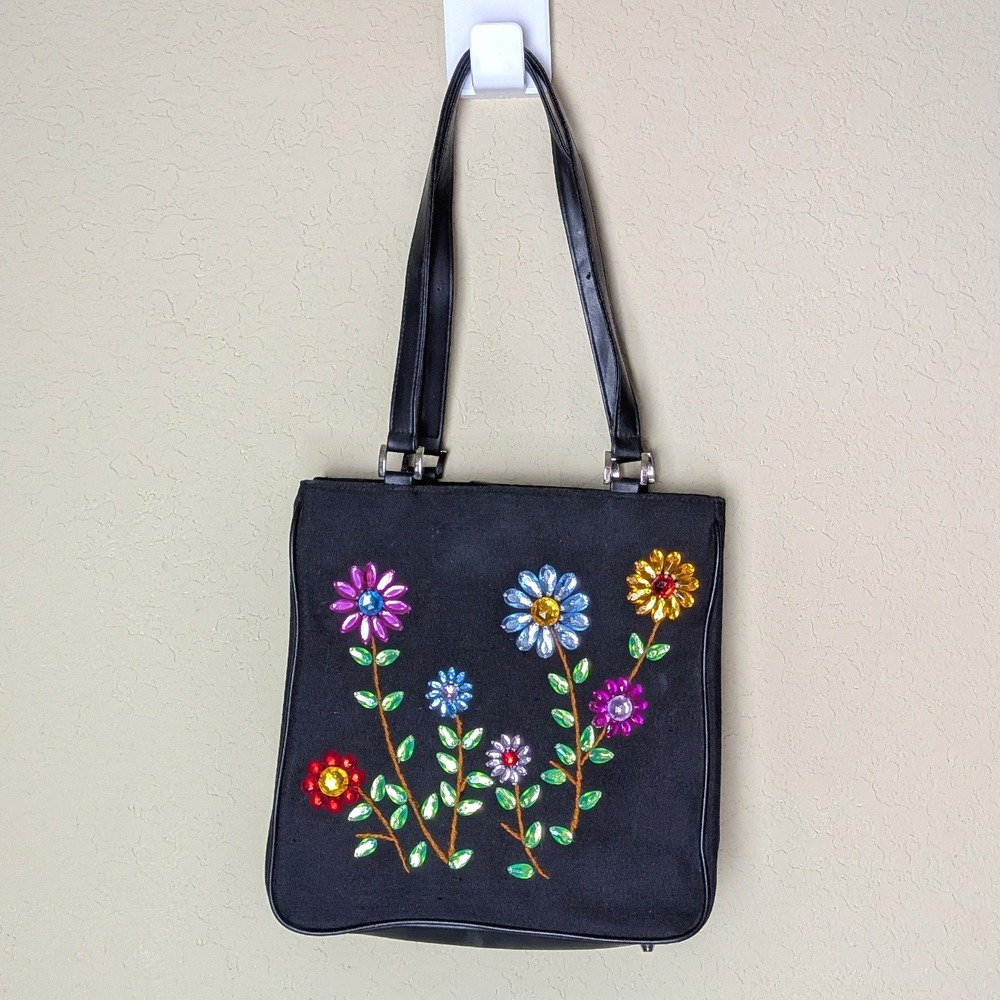 Black Floral Embroidered Handbag with‎ Jeweled Accents – Boho Garden Retro